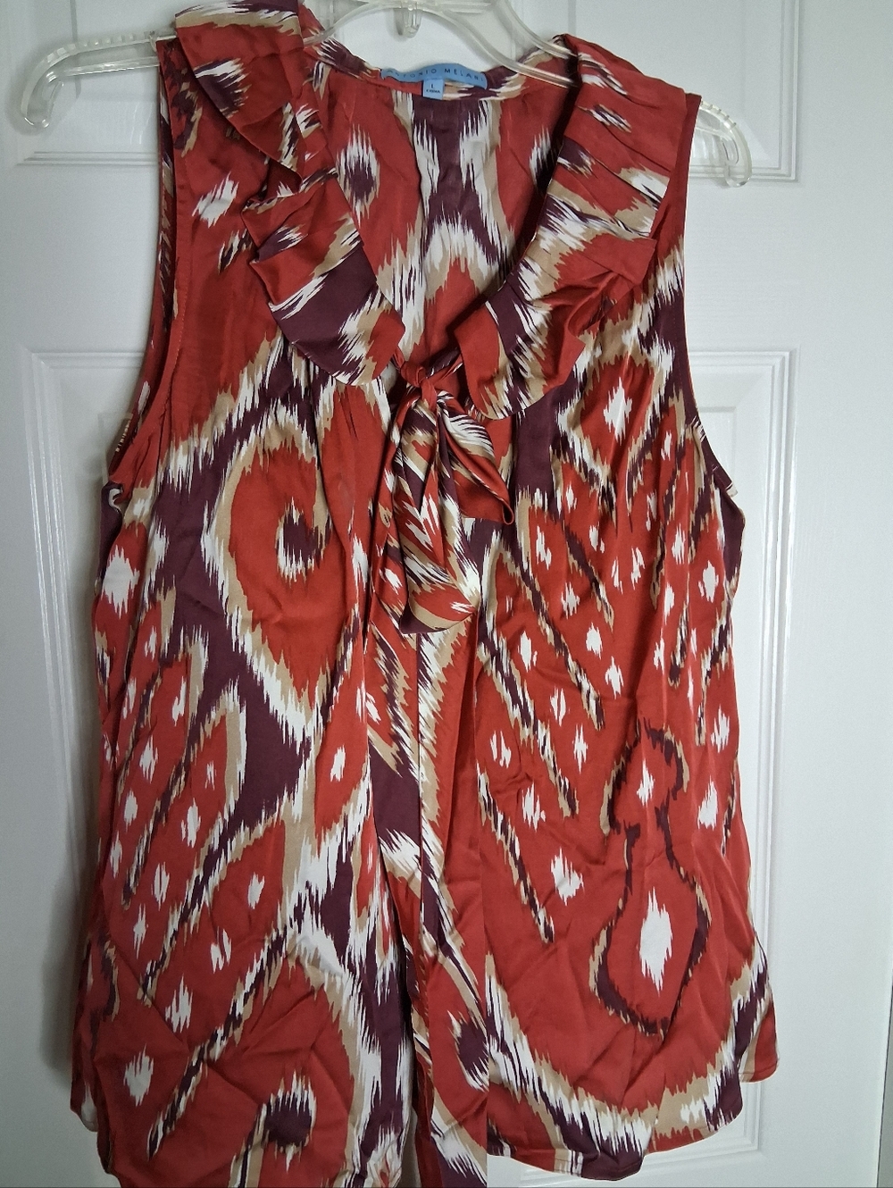 Antonio Melani Silk Blend Sleeveless Ruffled Tie-Neck Top in Rust Ikat SZ L